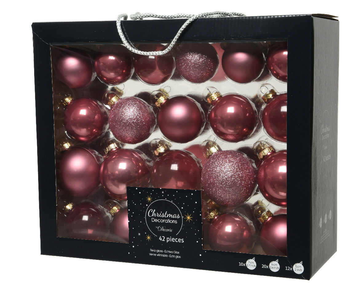 SET 42PZ PALLINE DI NATALE IN VETRO ROSA MISURE ASSORTITE