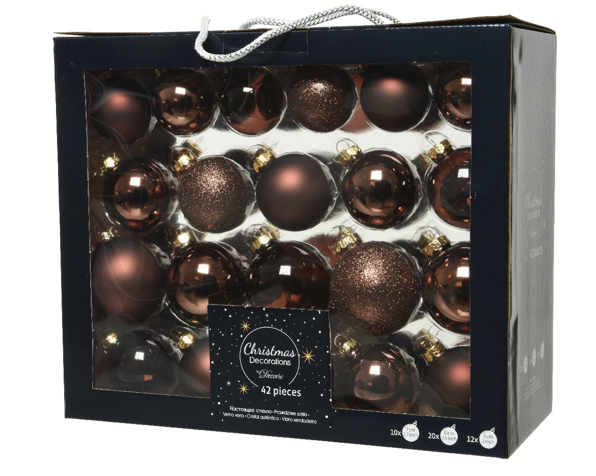 SET 42PZ PALLINE DI NATALE IN VETRO MARRONE SCURO MISURE ASSORTITE