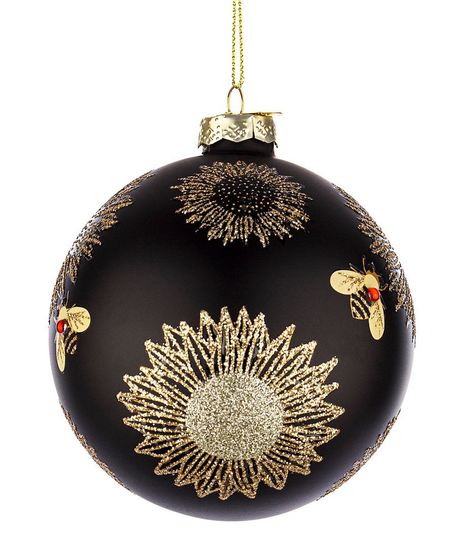PALLINA DI NATALE NERA CON DECORAZIONE API E FIORI HONEYBEE Ø10CM