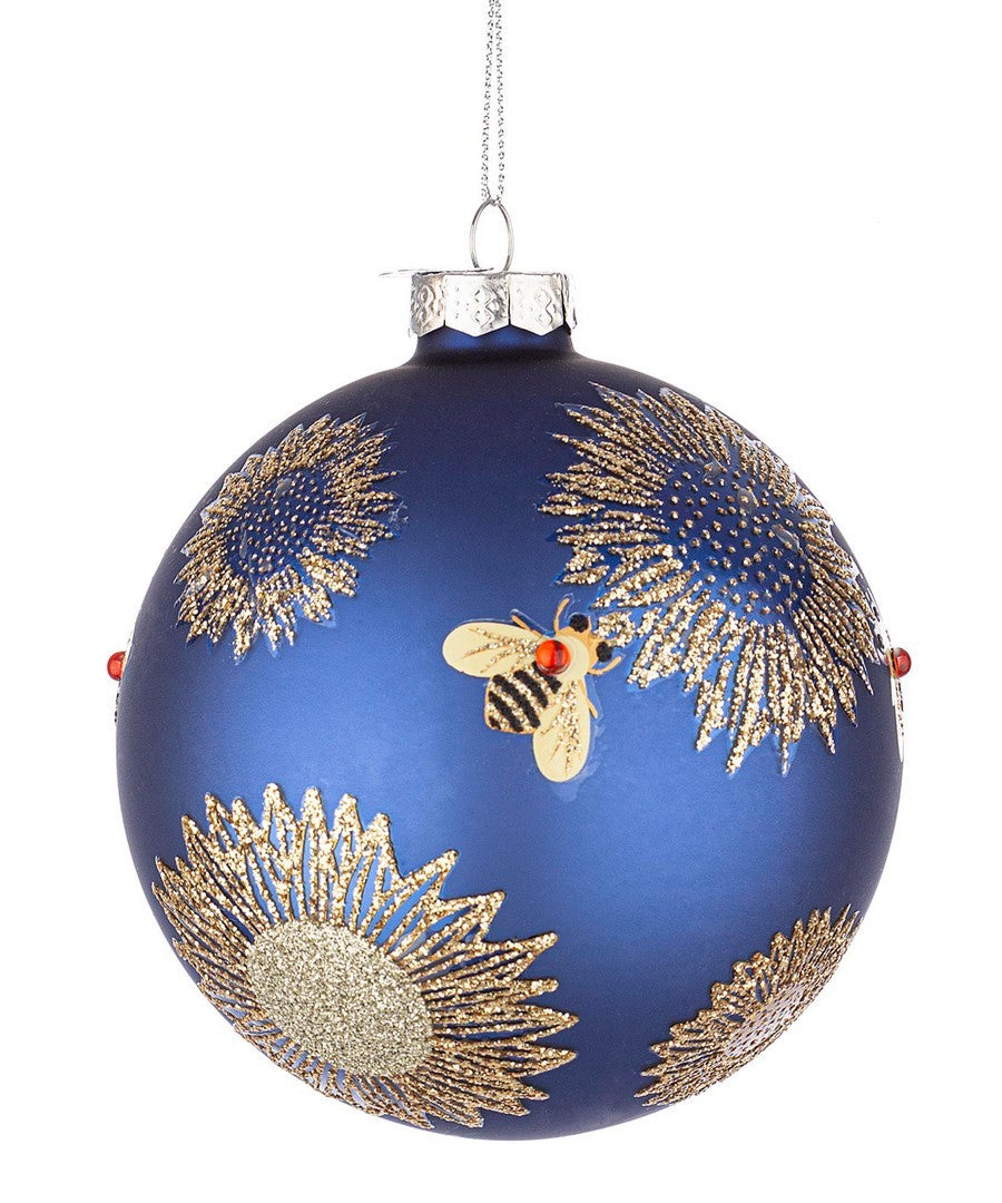 PALLINA DI NATALE BLU CON DECORAZIONE API E FIORI HONEYBEE Ø10CM
