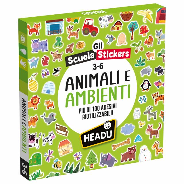Gioco Educativo Scuola Stickers Animali e Ambienti 130 Adesivi 3-6 Anni Headu