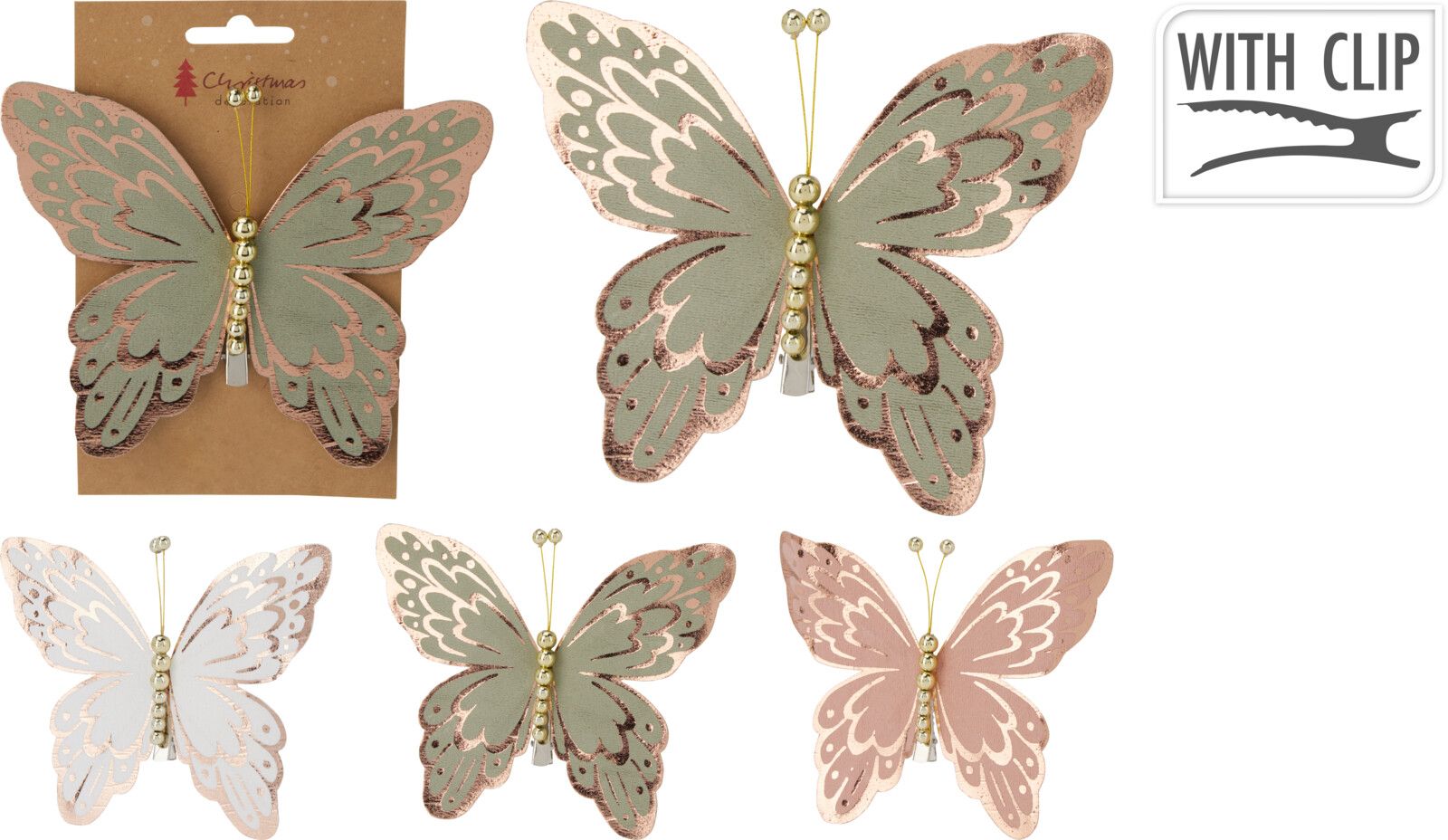 Farfalla con Clip 15cm modello assortito Bianco/Rosa/Verde