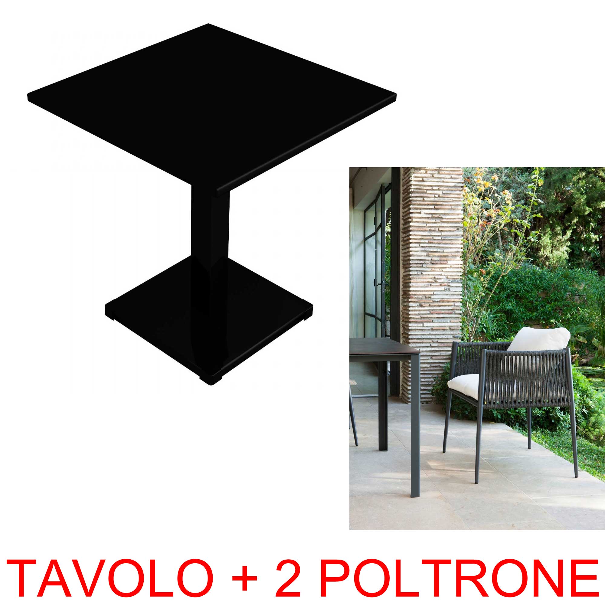 TAVOLO CONRAD 70X70 + 2 POLTRONE LUCE