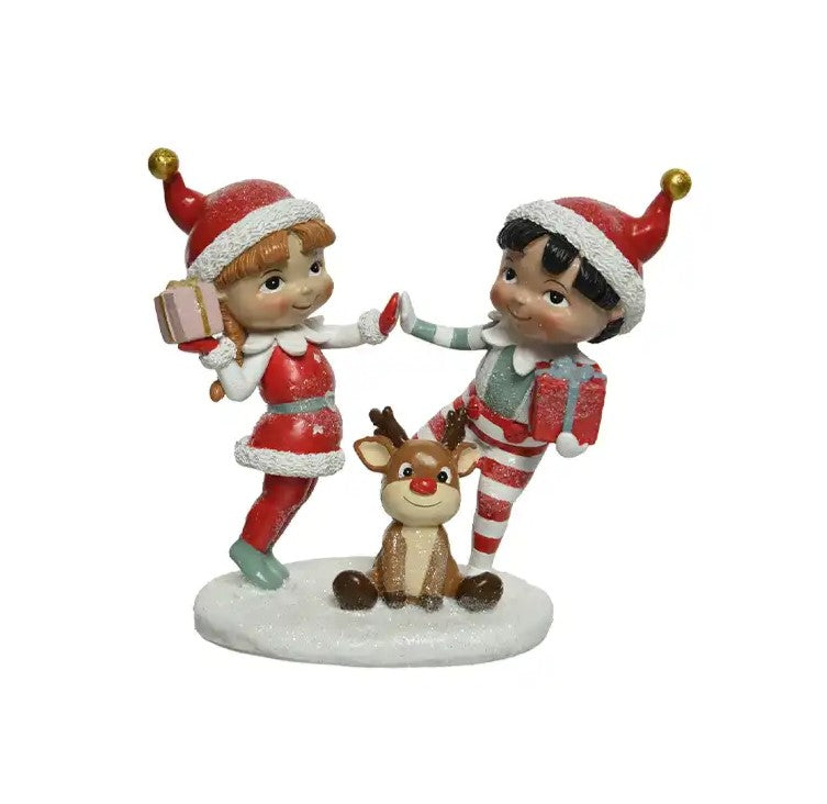 DECORAZIONE NATALIZIA ELFI CON RENNA E REGALI 17CM