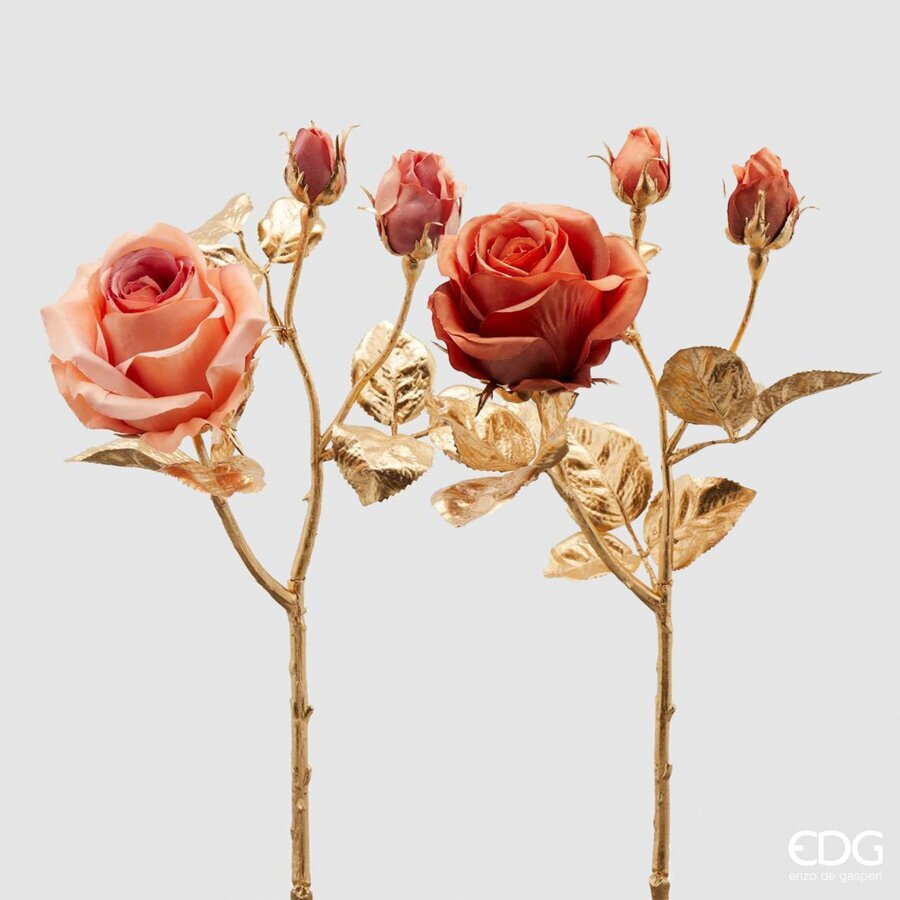 RAMO ARTIFICIALE CON ROSA ARANCIONE STELO-ORO ASSORTITO H50CM