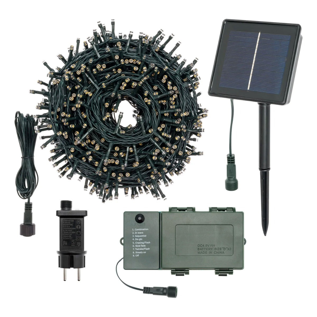 CATENA LUMINOSA 500 LED BIANCO CALDO FILO VERDE CON PANNELLO SOLARE
