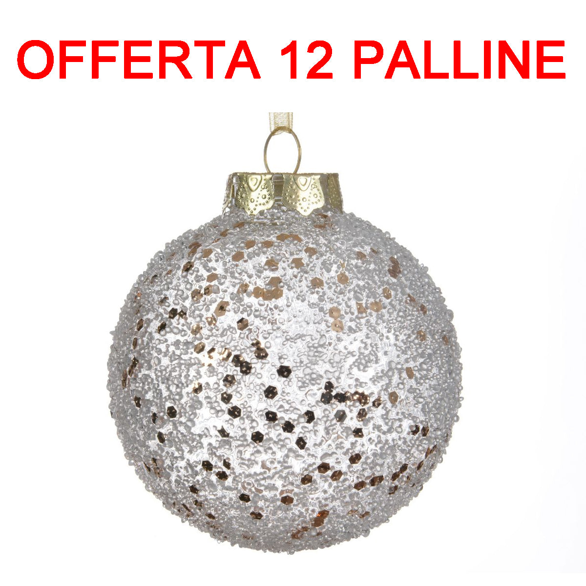 OFFERTA  12 PALLINE DI NATALE 8CM CON GLITTER ORO TRASPARENTE