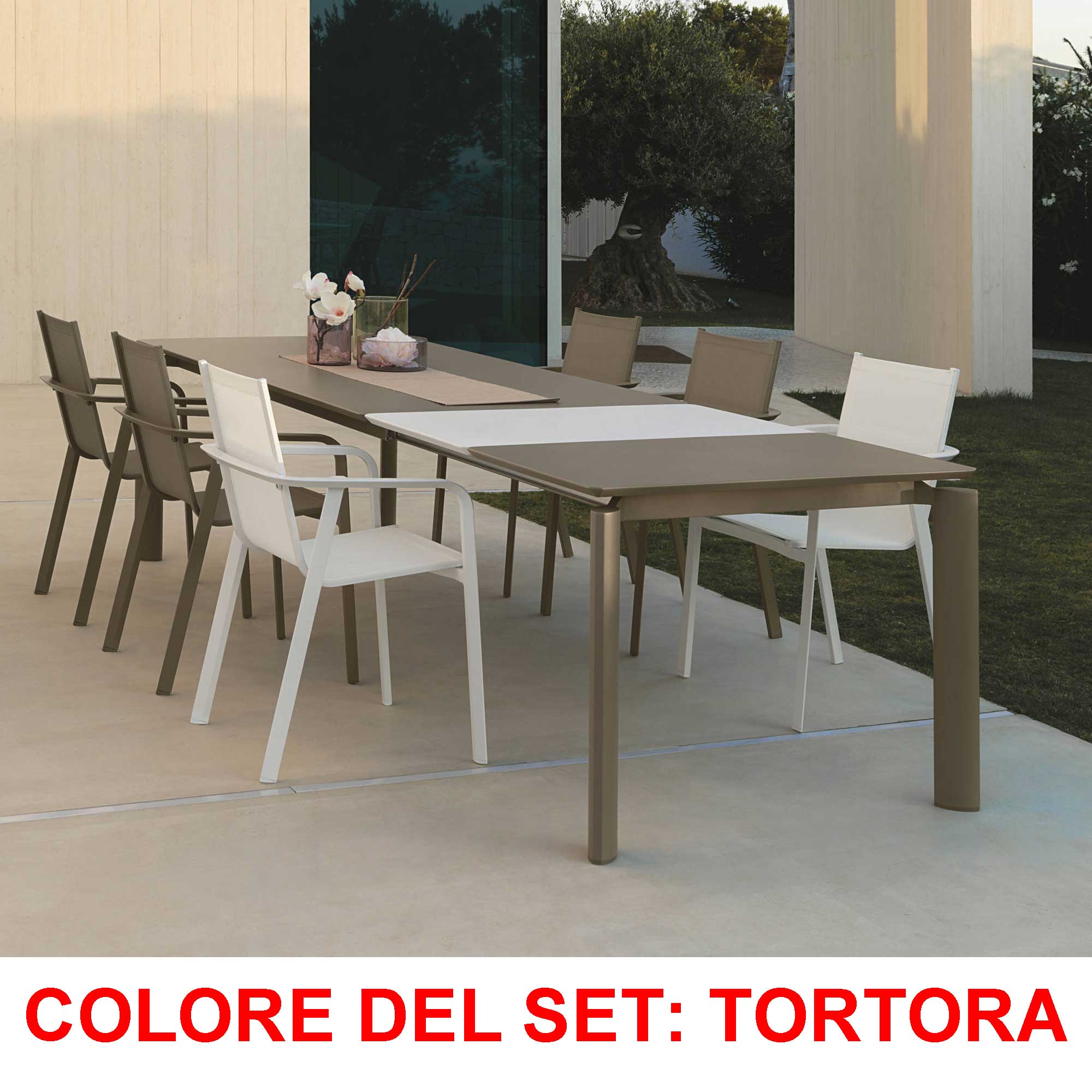 OFFERTA SET DA PRANZO TAVOLO ALL. MILO 160/215X95+ 6 POLTRONE TORTORA MILO