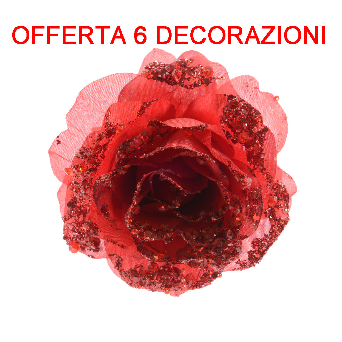 OFFERTA 6 PZ ROSA APPENDIBILE CON CLIP 14CM CON GLITTER ROSSO NATALE