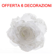 OFFERTA 6 PZ ROSA APPENDIBILE CON CLIP 14CM CON GLITTER BIANCO INVERNO