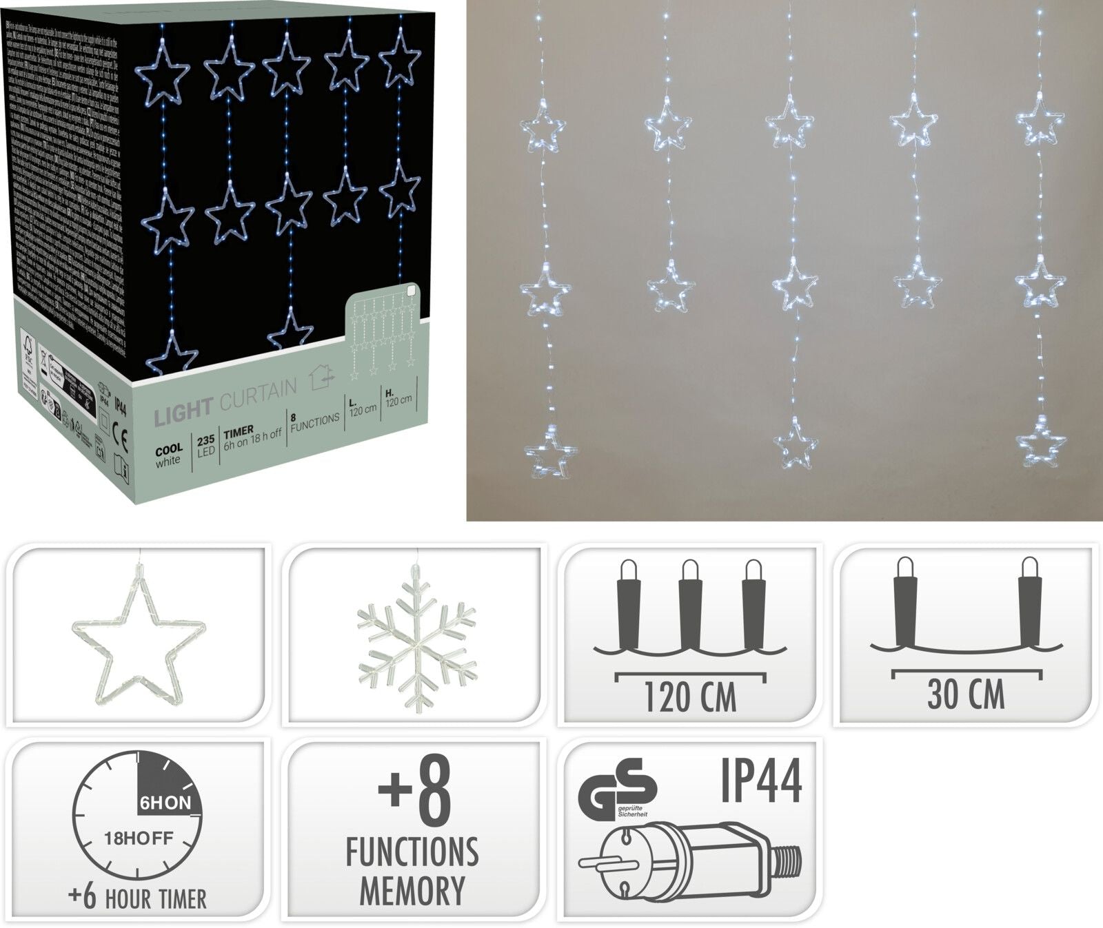 Tenda luminosa a LED con stelle, 235 LED, 120x120 cm, luce bianco freddo
