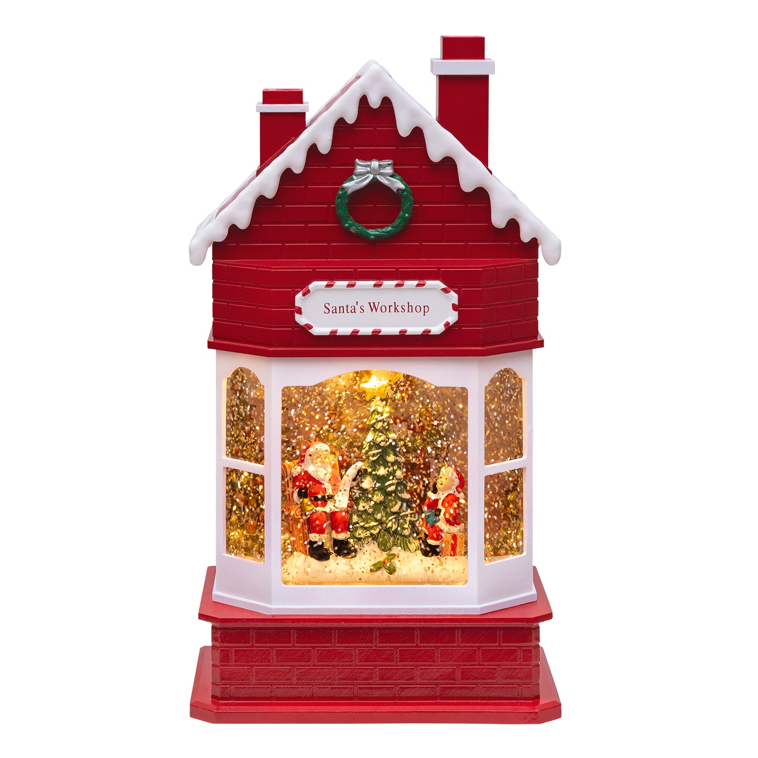 CASETTA ROSSA LUMINOSA H30CM CON BABBI NATALE GLITTER E LED