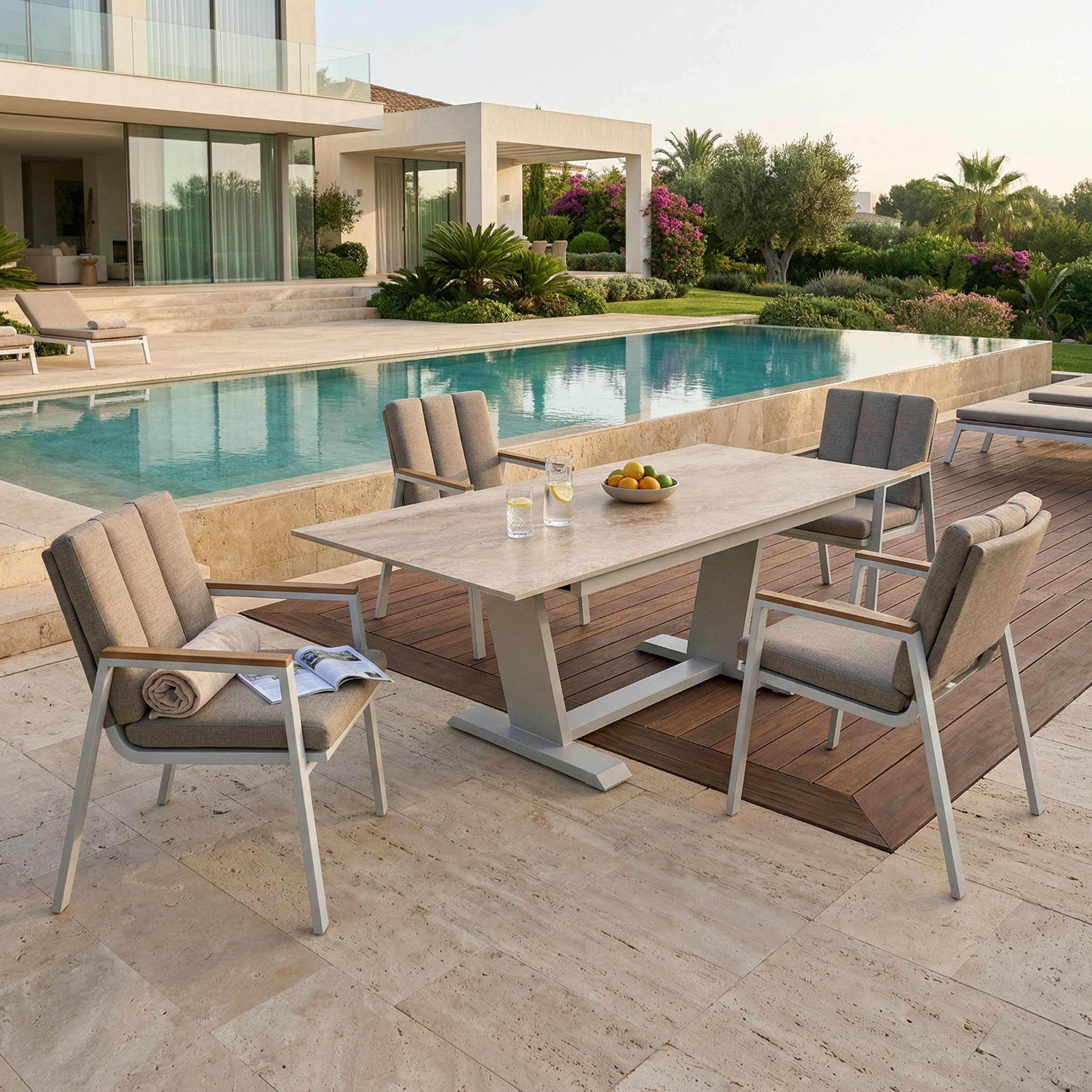 OFFERTA TAVOLO AMBER ALLUNGABILE PIANO IN CERAMICA KEDRA 180/230/280CM AMBER CREMA +4 POLTRONE LEATHER
