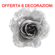 OFFERTA 6 PZ ROSA APPENDIBILE CON CLIP 14CM CON GLITTER ARGENTO