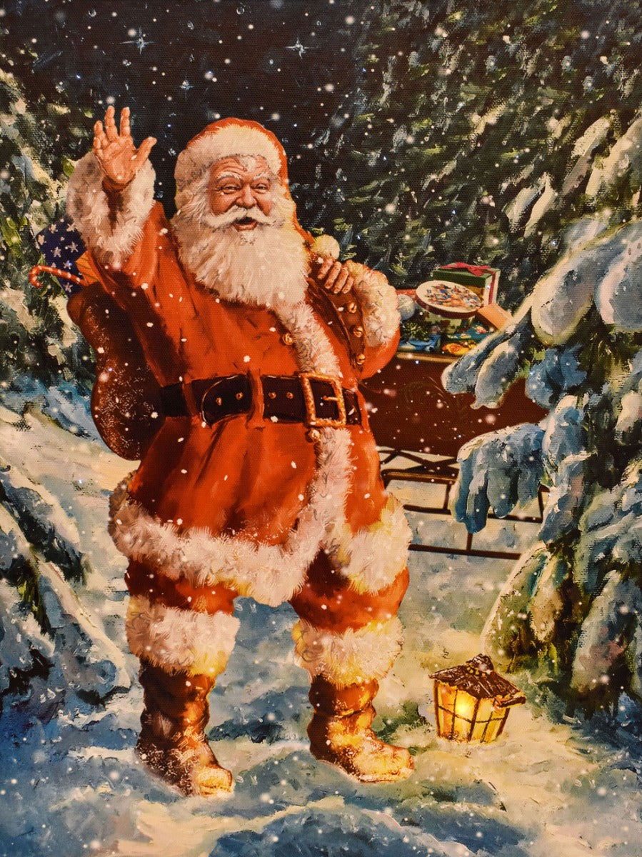 QUADRO NATALIZIO LED CON BABBO NATALE NEL BOSCO 40X30CM CON SENSORE MUSICALE