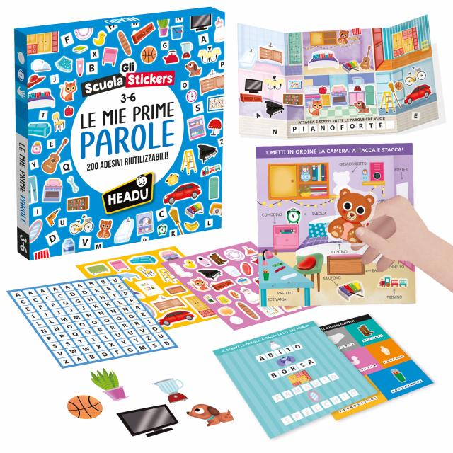 Gioco Educativo Scuola Stickers Le Mie Prime Parole 200 Adesivi Riutilizzabili 3-6 Anni Headu