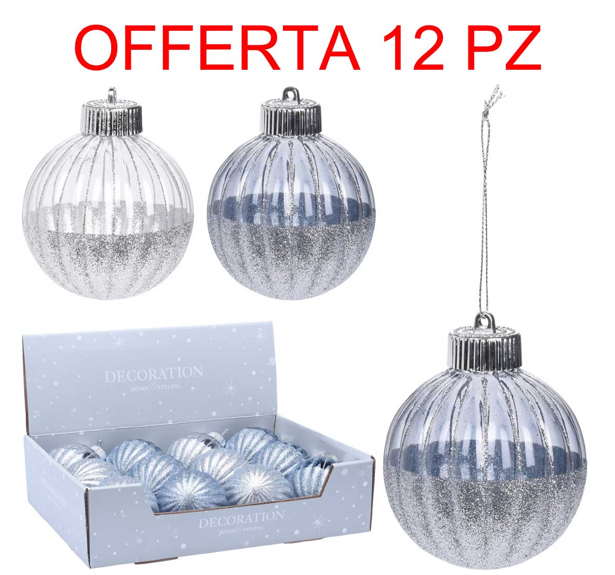 OFFERTA 12 PALLINE 8CM TRASPARENTI CON GLITTER ASSORTITE