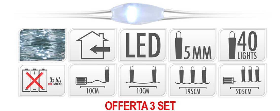 OFFERTA 3 CONFEZIONI DA 40 MICROLED LINEARI LUCI BIANCO FREDDO A BATTERIA