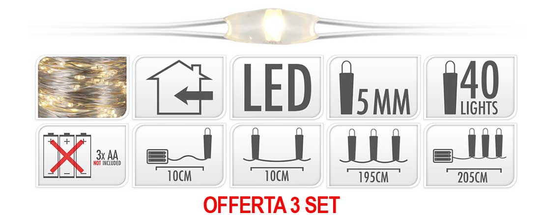 OFFERTA 3 CONFEZIONI DA 40 MICROLED LINEARI LUCI BIANCO CALDO A BATTERIA