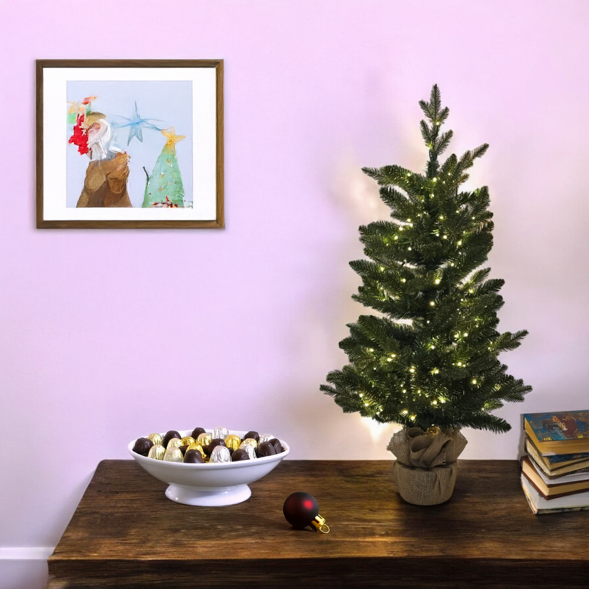 ALBERO ABETE ALPINO 90CM BASE JUTA 180 LED BIANCO CALDO