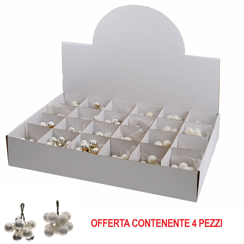 OFFERTA 4 GRAPPOLI 2CM ARGENTO BIANCO DECORAZIONE NATALIZIA
