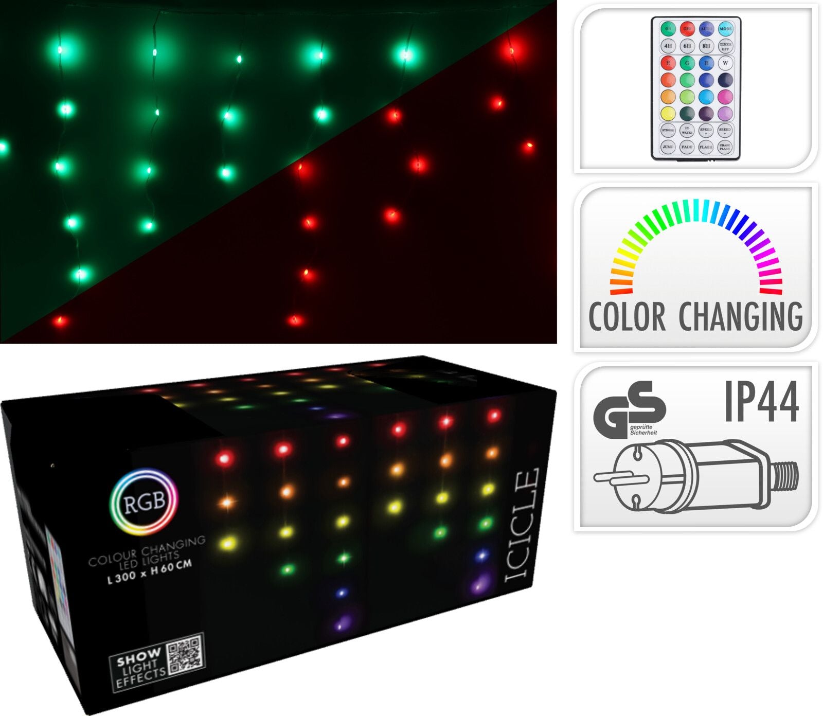 Tenda luminosa a LED RGB, 85 LED, 300x60 cm, multicolore
