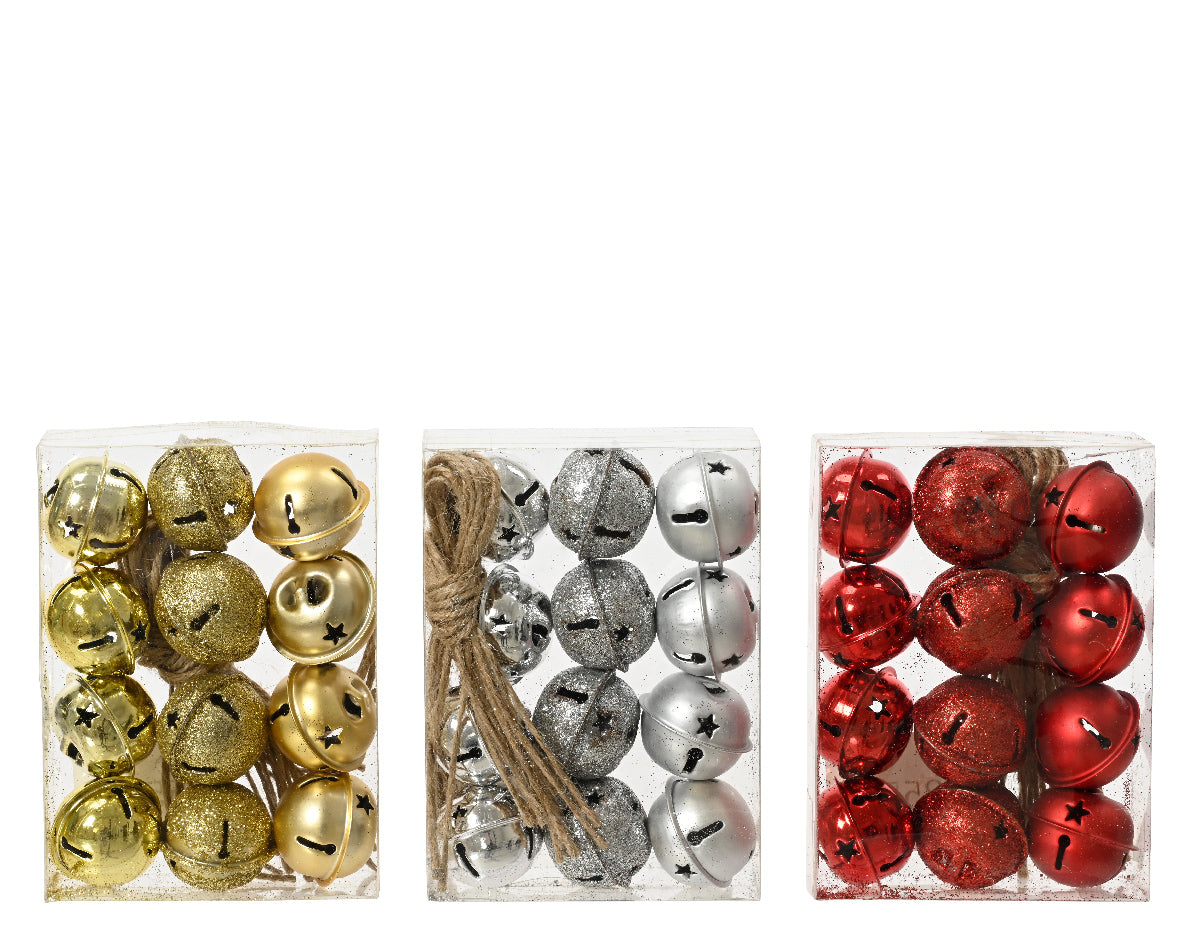 1 CONFEZIONE CAMPANELLE NATALIZIE IN METALLO D.2.5CM COLORE ASSORTITO ORO/ARGENTO/ROSSO