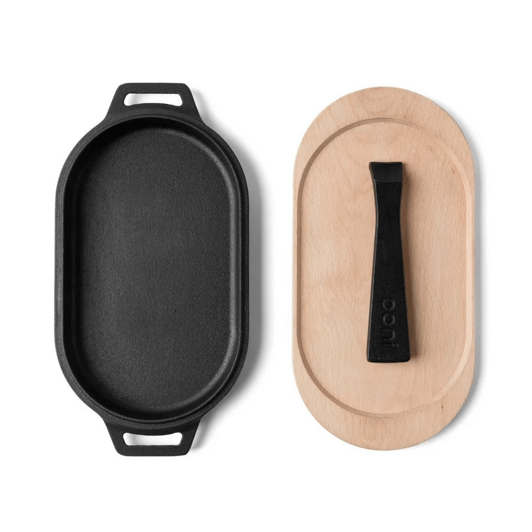 PADELLA LISCIA OVALE CON MANICO IN GHISA E SUPPORTO IN LEGNO 31 CM