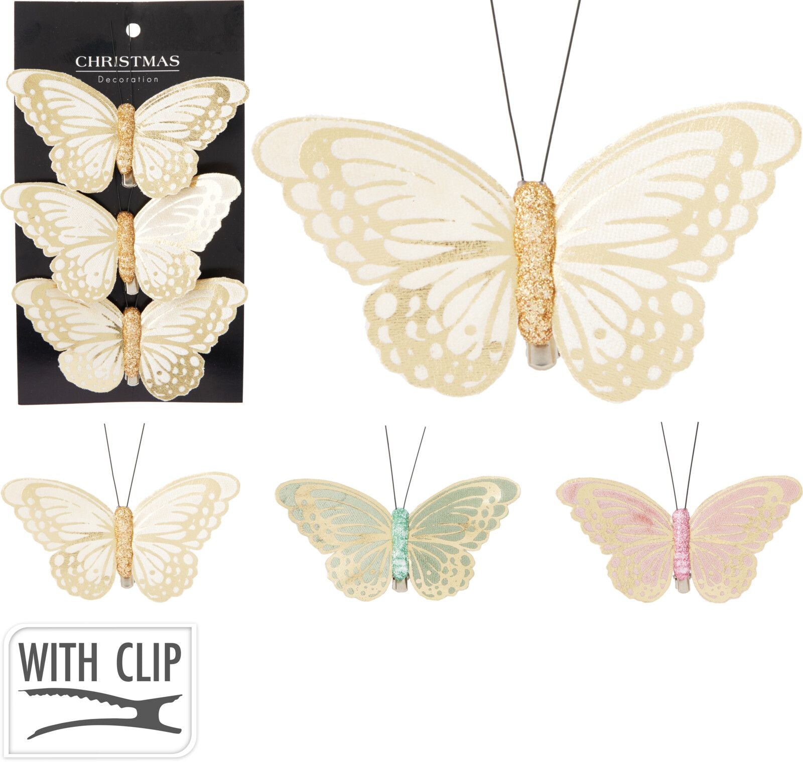 3 Farfalle con Clip 10cm modello assortito Bianco/Verde/Rosa