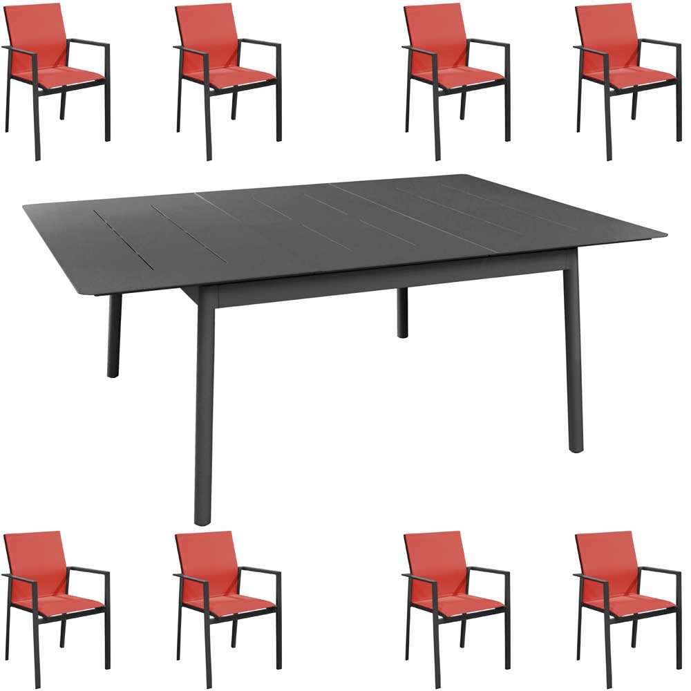 OFFERTA TAVOLO DUBLINO ALLUNGABILE 140/200X140 GRAFITE +8 POLTRONE DELIA GRAFITE/ROSSO
