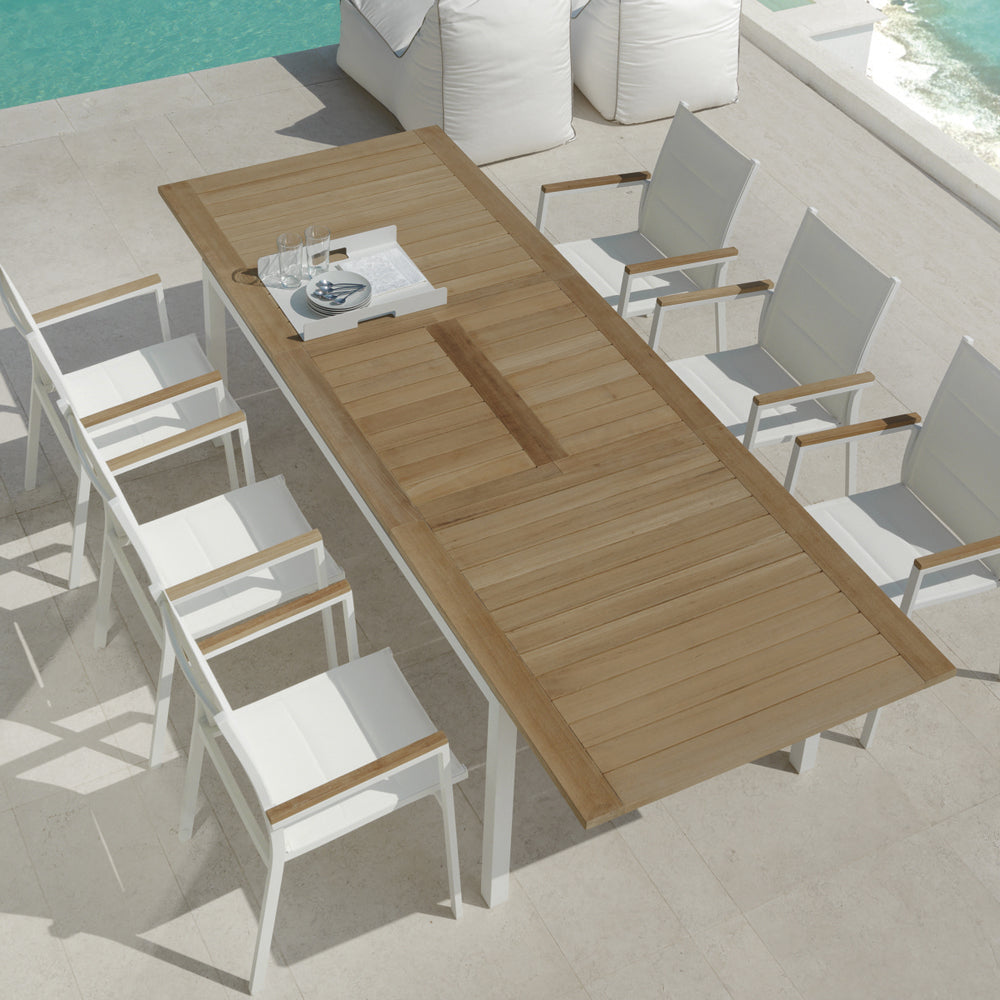 OFFERTA TAVOLO TIMBER IN TEAK ALLUNGABILE 200/280X100 + 6 POLTRONE TIMBER BIANCO