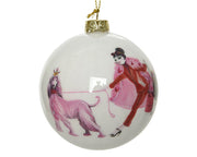 PALLINA DI NATALE 8CM BIANCA CON DECORAZIONE DONNA E CANE ROSA