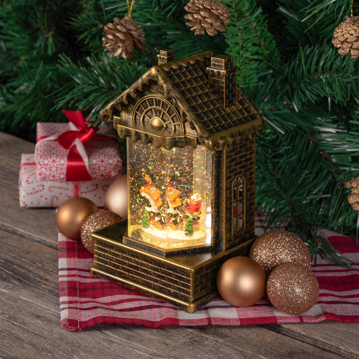 CASETTA BRUNITA DI NATALE LUMINOSA CON SLITTA BABBO NATALE