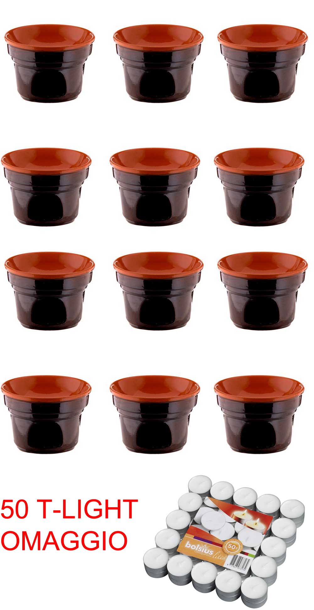 OFFERTA 12 FORNELLINI BAGNA CAUDA  CM 14 BRUNA TERRE D'UMBRIA + 50 CANDELE T-LIGHT IN OMAGGIO