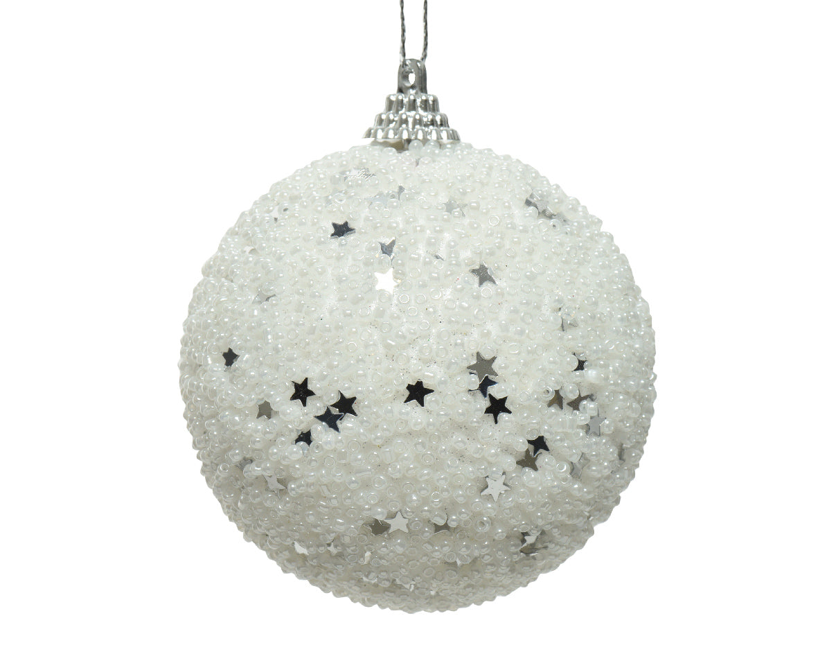 OFFERTA 4 PALLINE CON GLITTER E STELLINE 8CM BIANCO