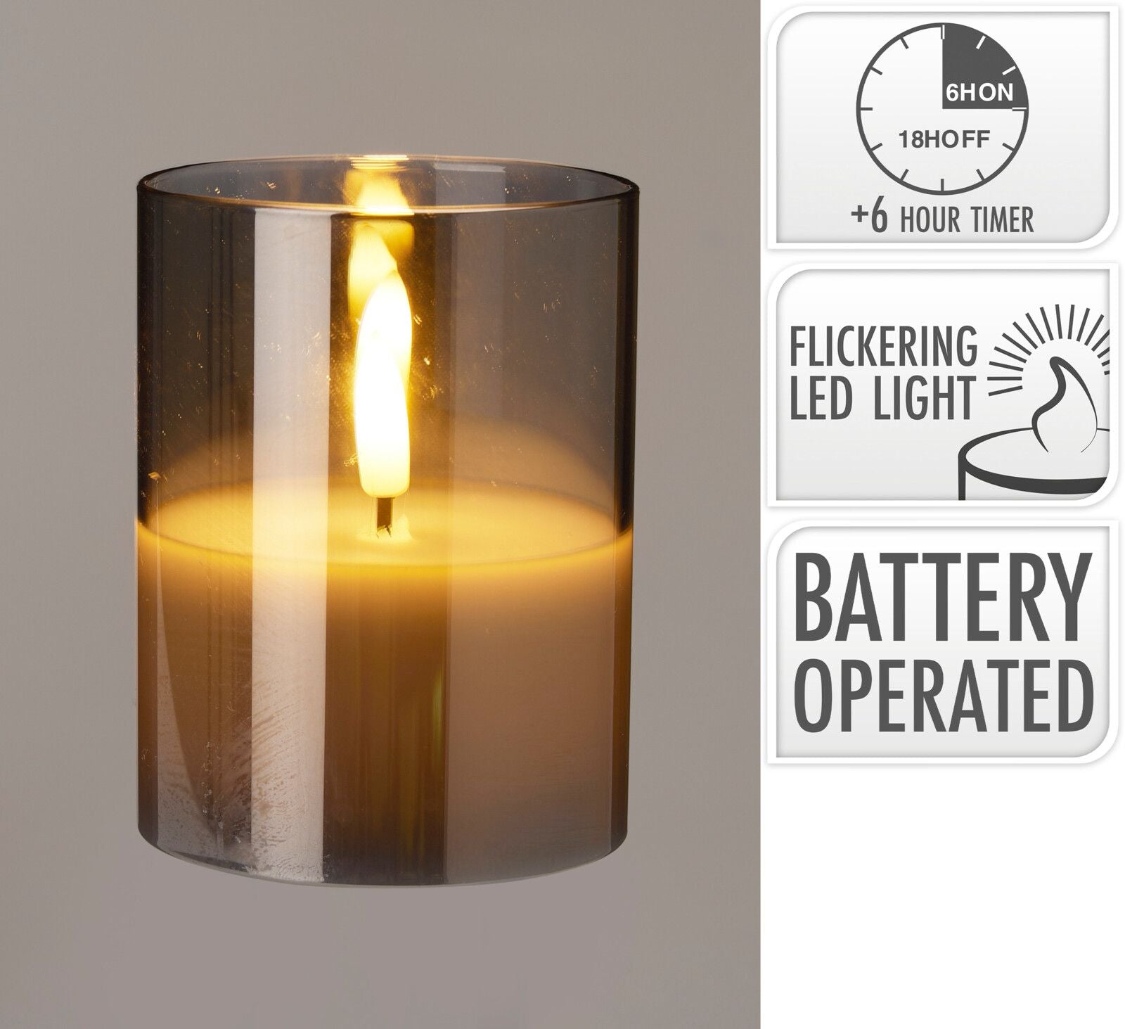 Candela decorativa a LED, altezza 10 cm, colore fumè
