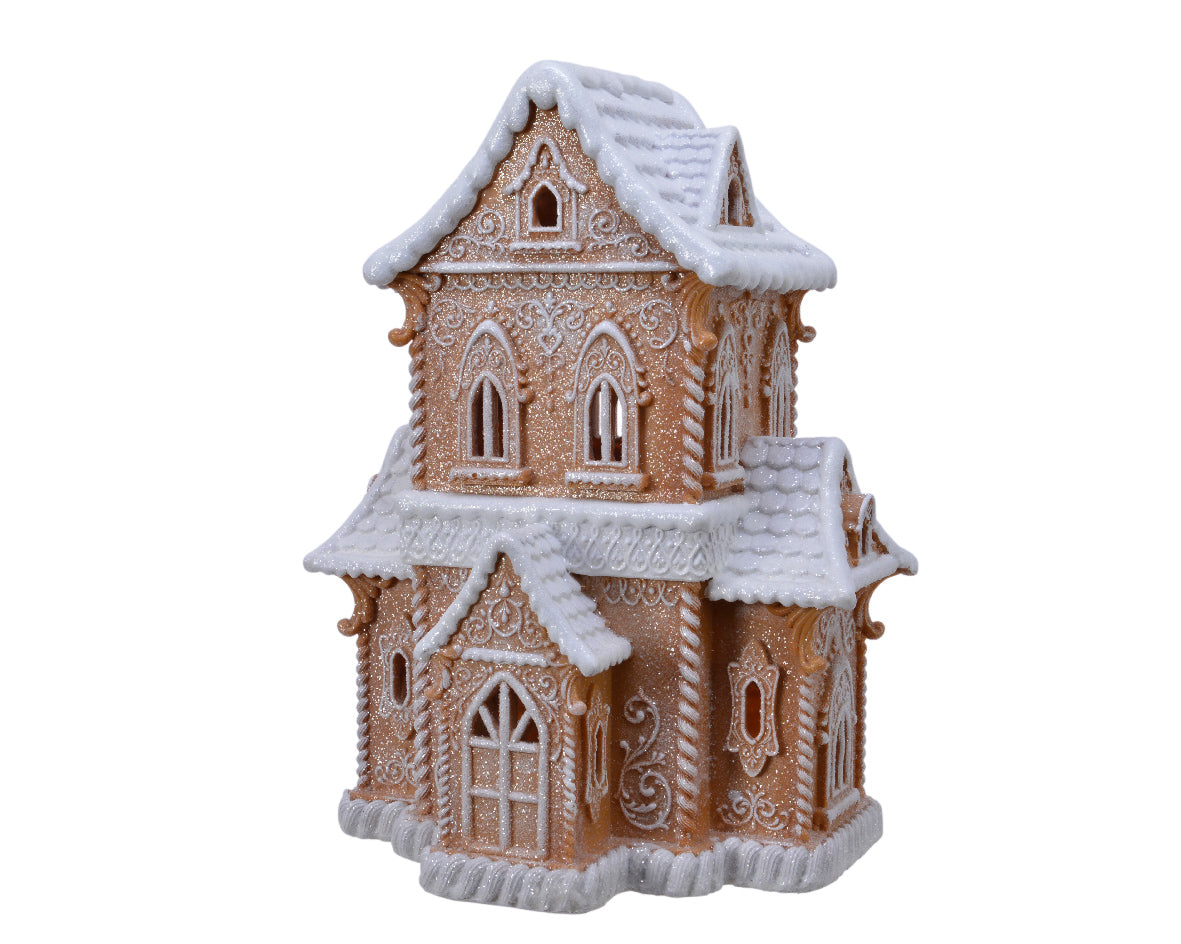 CASA NATALIZIA CON GLITTER E NEVE MARRONE/BIANCO 21X27,50X37CM