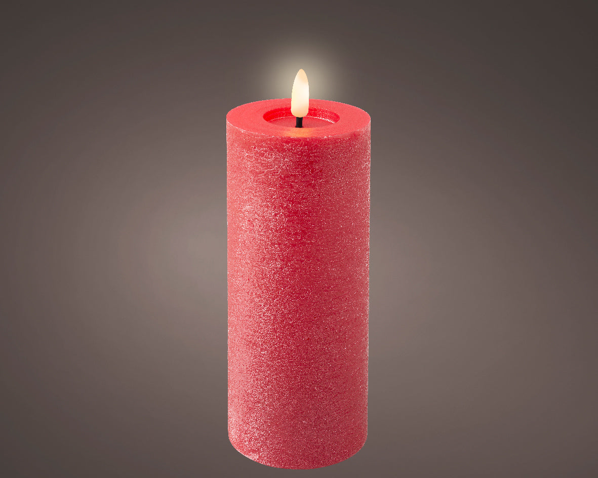 Candela decorativa illuminata LED, altezza 19 cm, colore rosso.