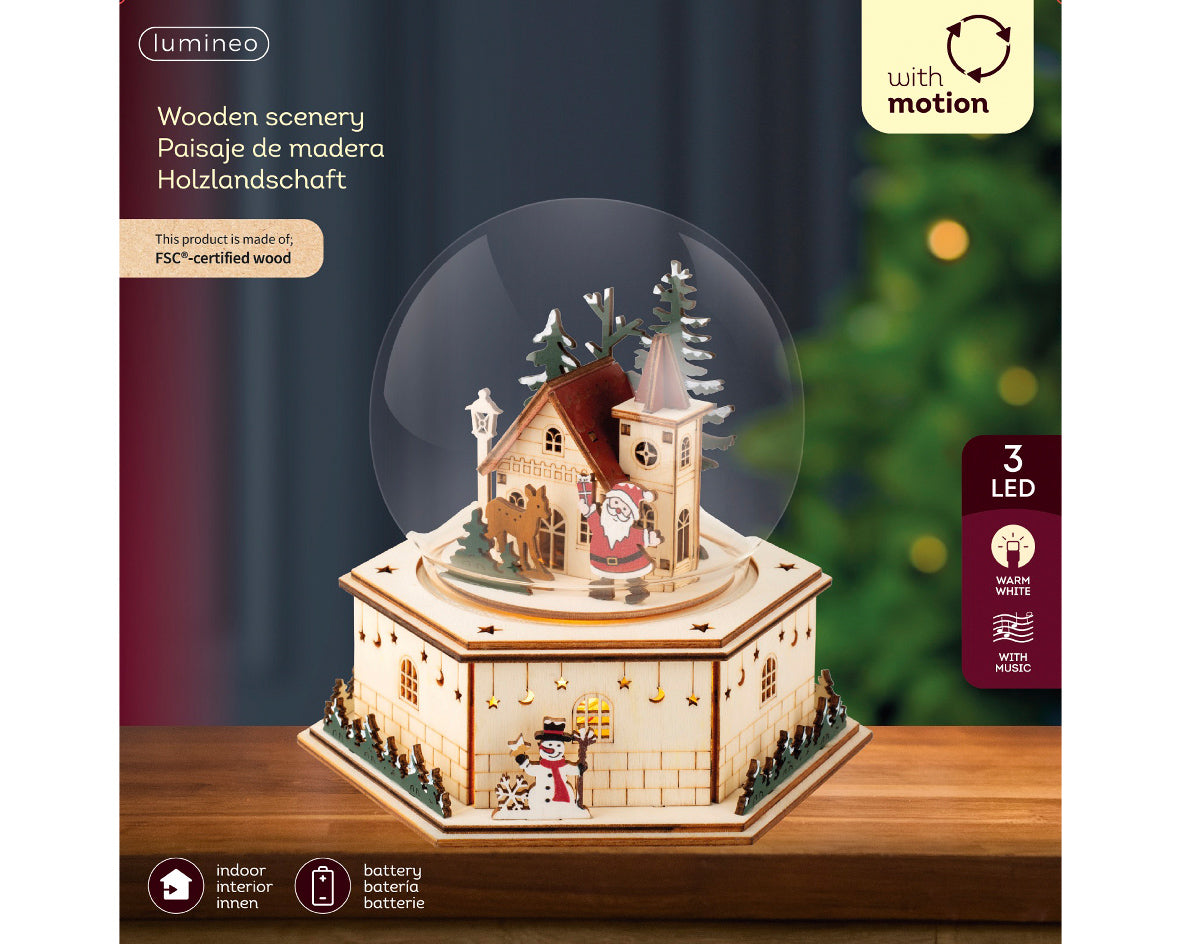 Scenario Natalizio in legno a LED, altezza 17,5 cm, colore marrone e luce bianco caldo.