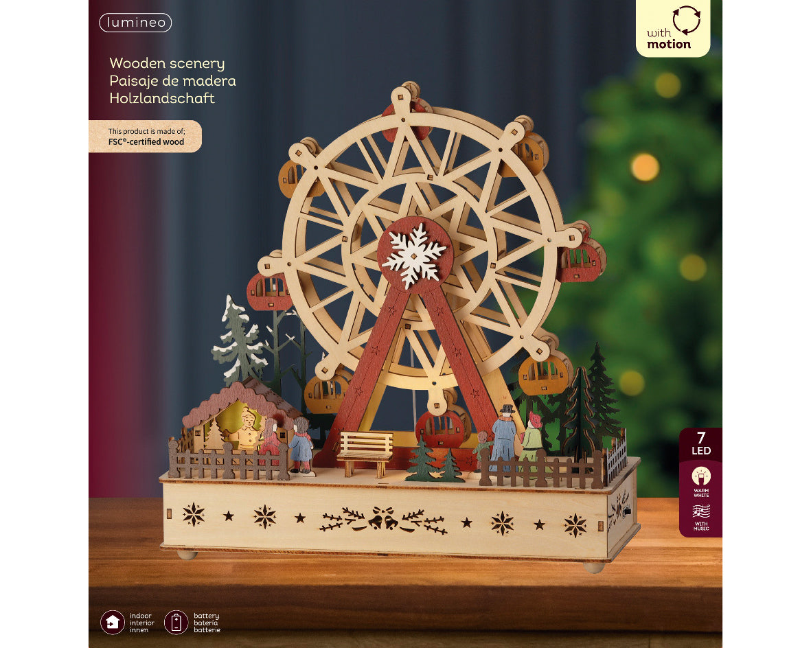 Scenario Natalizio in legno a LED, altezza 28,3 cm, colore marrone e luce bianco caldo.