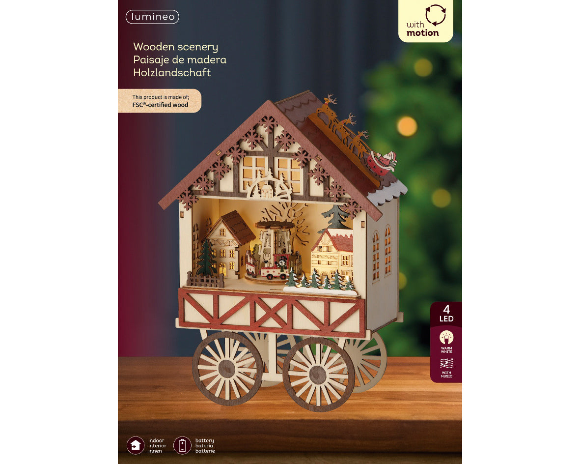 Scenario Natalizio in legno a LED, altezza 27,5 cm, colore marrone e luce bianco caldo.