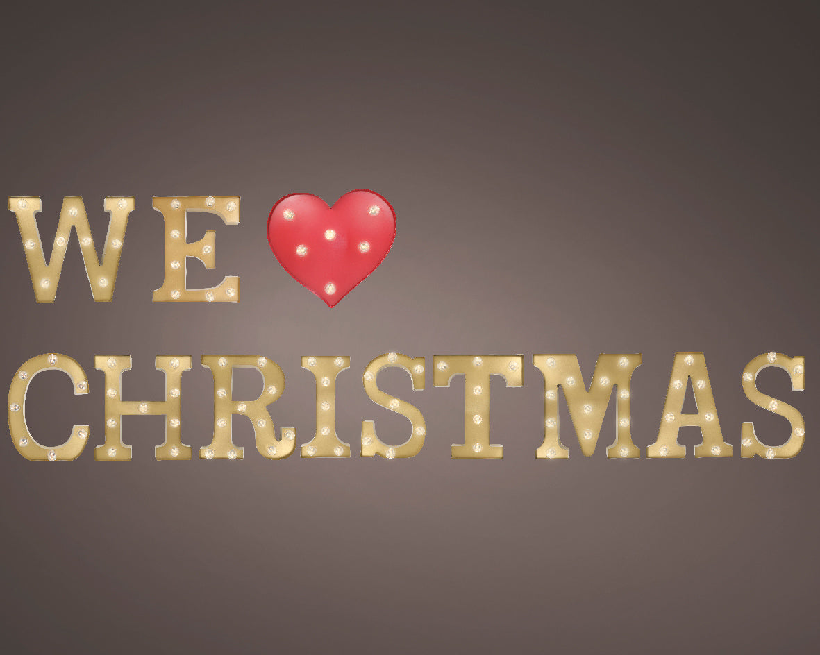 Scritta insegna luminosa a LED "We Love christmas", altezza 50 cm, colore oro e luce calda di Natale