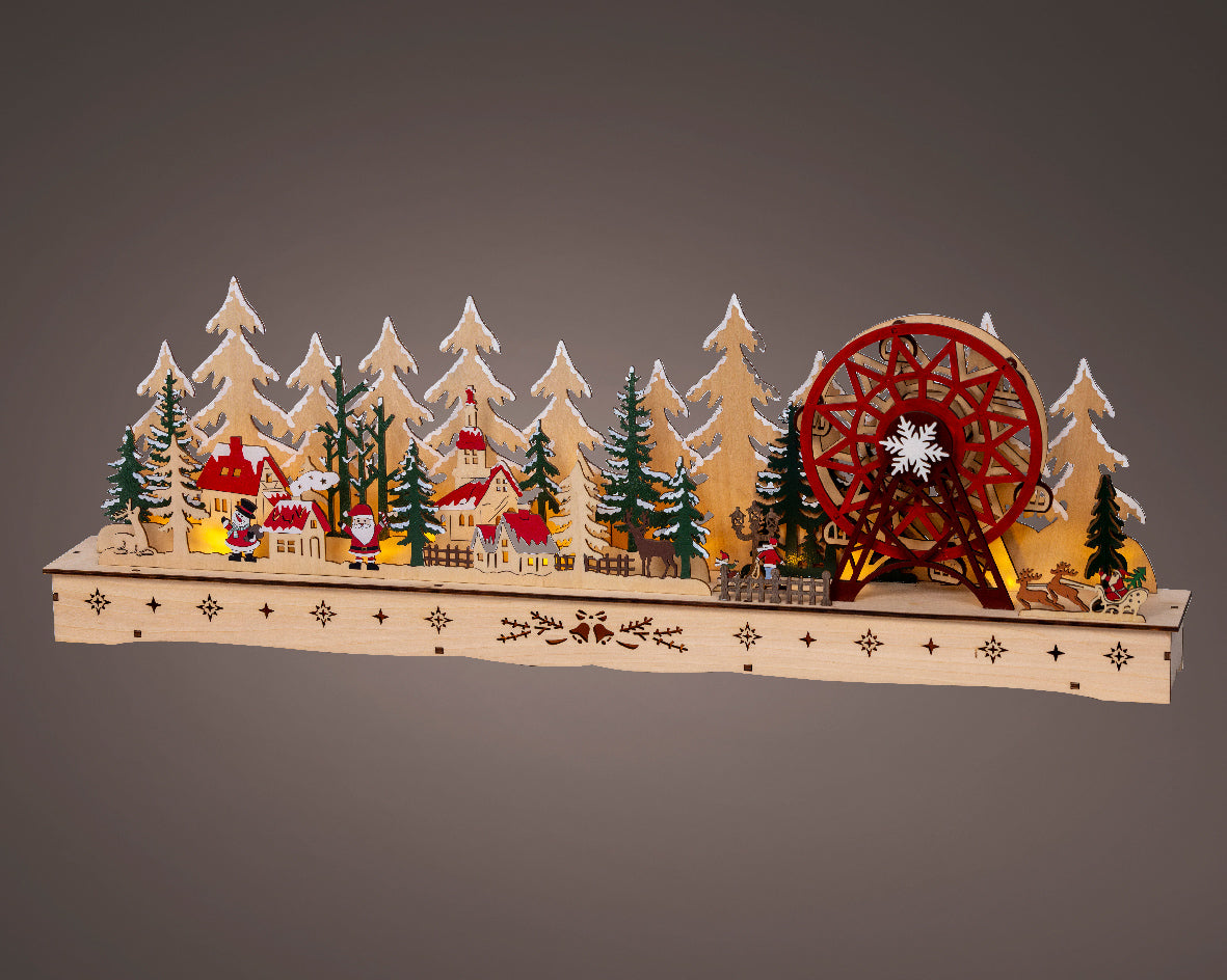 Scenario Natalizio in legno a LED, altezza 25 cm, colore marrone e luce bianco caldo.