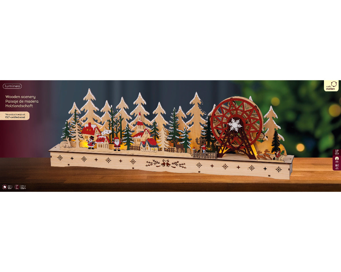 Scenario Natalizio in legno a LED, altezza 25 cm, colore marrone e luce bianco caldo.