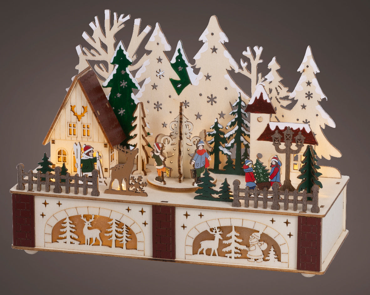 Scenario Natalizio in legno a LED, altezza 20,3 cm, colore marrone e luce bianco caldo.