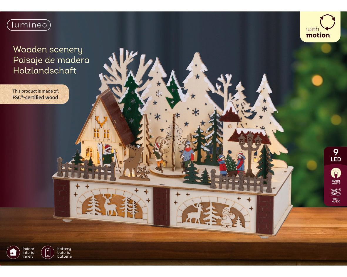Scenario Natalizio in legno a LED, altezza 20,3 cm, colore marrone e luce bianco caldo.