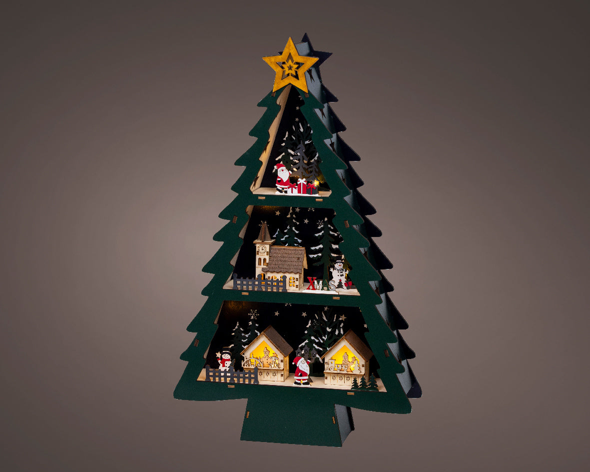 Scenario Natalizio in legno a LED, altezza 55 cm, colore verde e luce bianco caldo.