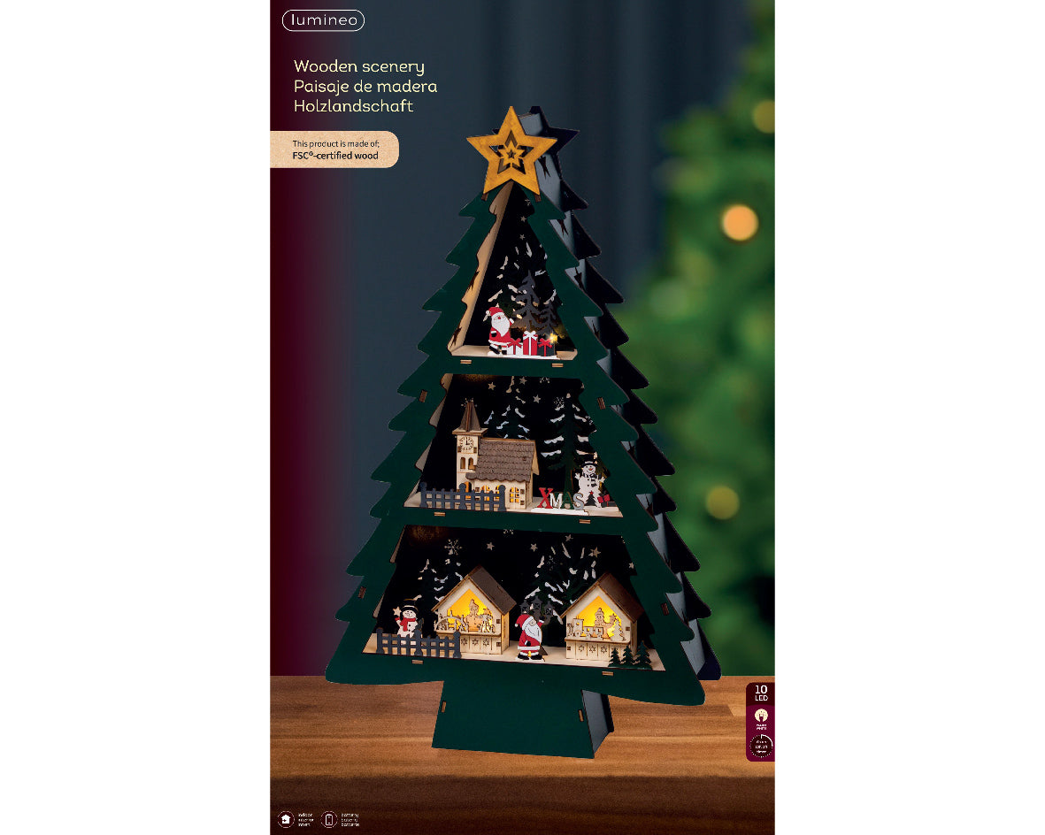 Scenario Natalizio in legno a LED, altezza 55 cm, colore verde e luce bianco caldo.