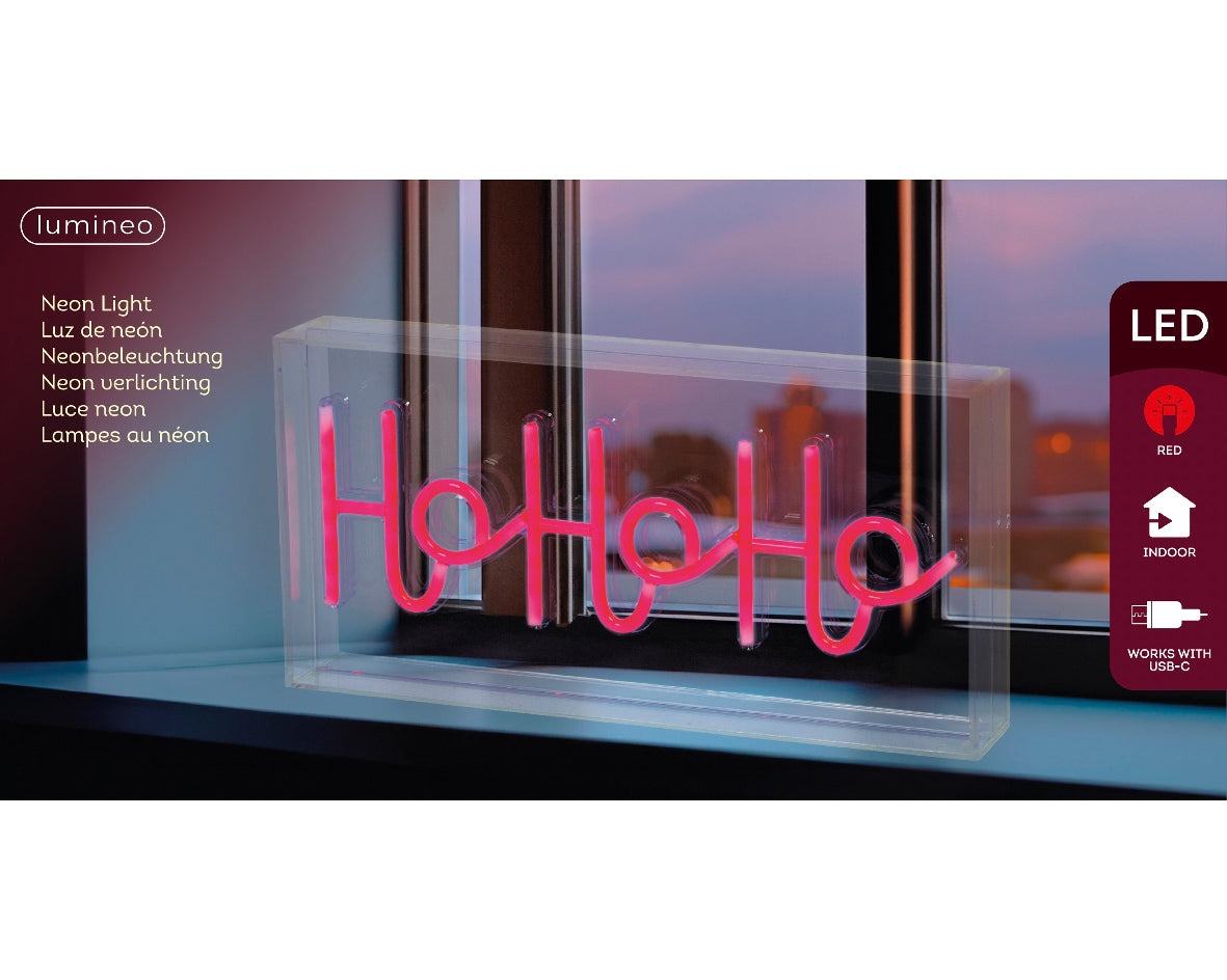 Scritta luminosa al neon "Ho Ho Ho", altezza 15 cm, multicolore.