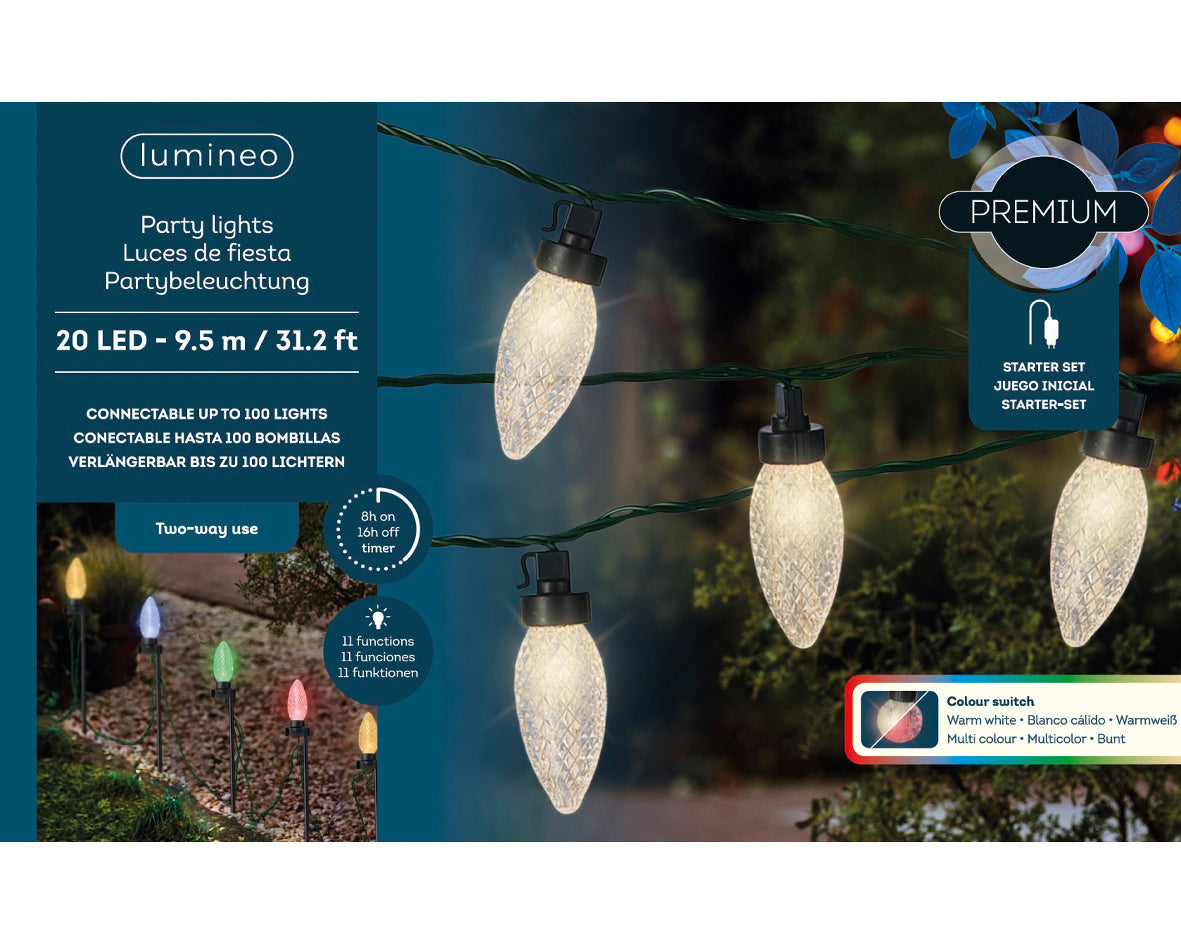 Catena luminosa 20 LED da 9,5 metri con lampadine da 3,4 cm, 11 giochi di luce multicolore.